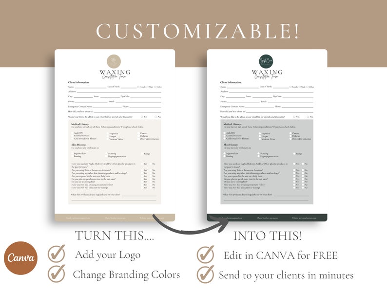Puede incluir: Un formulario de admisi&oacute;n de clientes personalizable para un negocio de depilaci&oacute;n. El formulario incluye informaci&oacute;n del cliente, historial m&eacute;dico e historial de la piel. El formulario est&aacute; dise&ntilde;ado para ser editado en Canva de forma gratuita y enviado a los clientes en minutos.