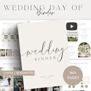 La plantilla definitiva de carpeta para el día de la boda de 160 páginas, coordinación del día de la boda, información del día de la boda, itinerario de boda, planificador de bodas, Canva