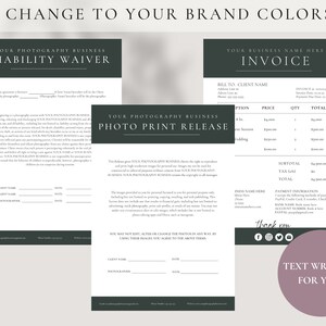 Pode incluir: Um conjunto de tr&ecirc;s documentos imprim&iacute;veis para um neg&oacute;cio de fotografia. Os documentos s&atilde;o uma isen&ccedil;&atilde;o de responsabilidade, uma autoriza&ccedil;&atilde;o de impress&atilde;o de fotos e uma fattura. Os documentos est&atilde;o em um esquema de cores verde e branco com o texto "Mude as cores da sua marca" no topo.