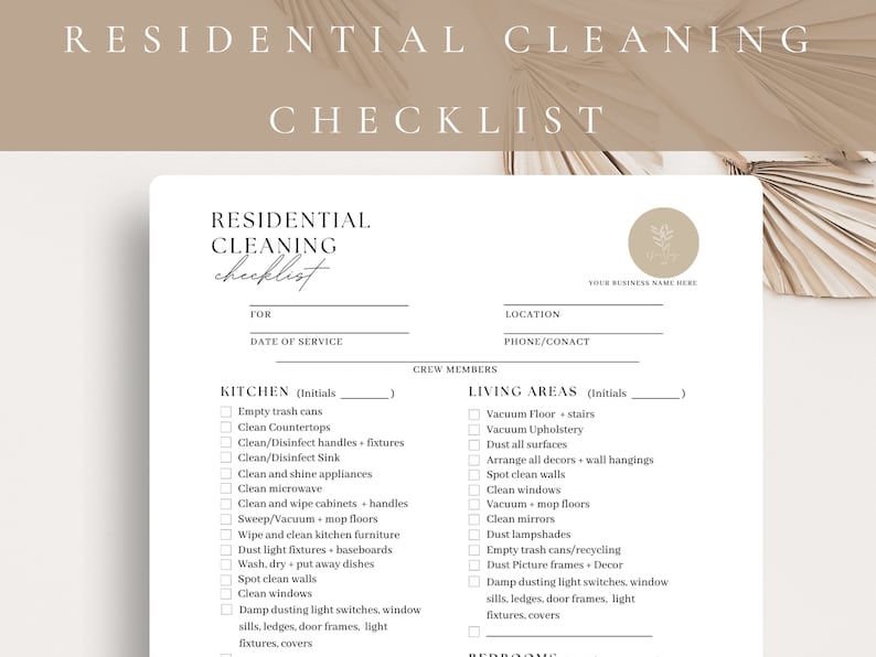 May include: A printable checklist for residential cleaning services. The checklist includes sections for kitchen and living areas with tasks such as emptying trash cans, cleaning countertops, vacuuming floors, and dusting light fixtures.