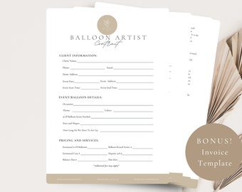 Plantilla de contrato de artista de globos editable profesional, contrato de decoración de globos, política de decoración de globos, términos y condiciones de exención de responsabilidad, contrato de estilista de globos