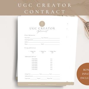 Plantilla de contrato de creador de contenido generado por el usuario, plantilla de contenido generado por el usuario, contrato de contenido generado por el usuario, plantilla de contrato de influencer, plantilla de Canva