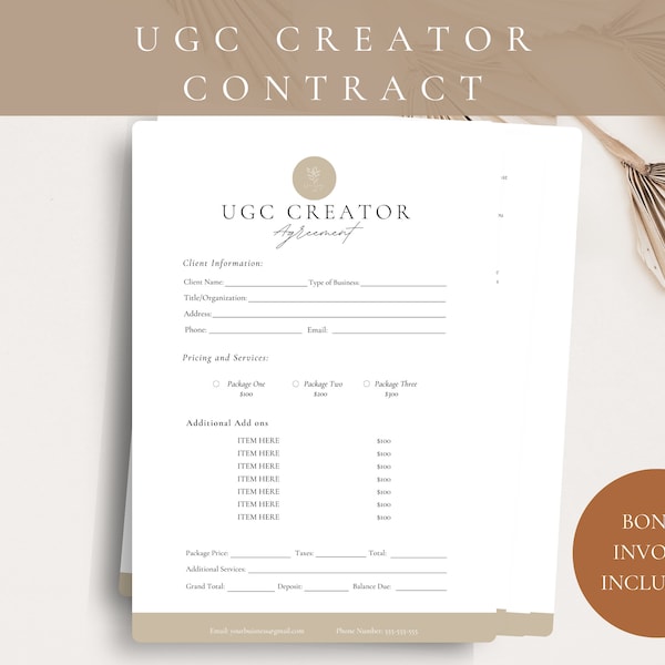 Modèle de contrat de créateur UGC professionnel, modèle UGC, contrat UGC, contenu généré par l’utilisateur, modèle de contrat d’influenceur, modèle Canva
