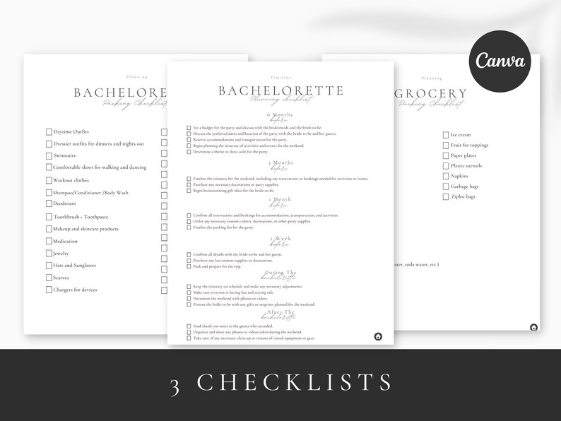 K&ouml;nnte beinhalten: Drei Checklisten f&uuml;r einen Junggesellinnenabschied, mit Fokus auf Packen und Lebensmittel. Die Checklisten sind betitelt mit "Packliste Junggesellinnenabschied", "Einkaufsliste" und "Packliste Junggesellinnenabschied".