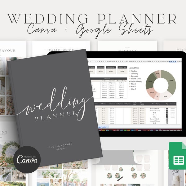 Canva, pacchetto Wedding Planner di Google Sheets, budget per il matrimonio, tracker elenco invitati, Wedding Planner Canva, foglio di calcolo Wedding Planner, raccoglitore Dayof