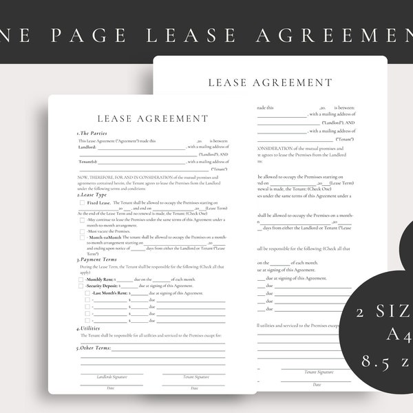 One page lease agreement,Rental Agreement,Editable Lease Contract Template,Landlord Forms,Residential Housing Agreement,CANVA template