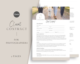 May include: A black and white client contract template for photographers. The contract includes sections for client information, agreement, liability, method of cancellation, and RAW images. The template features a logo placeholder and a photo of a family walking a dog.