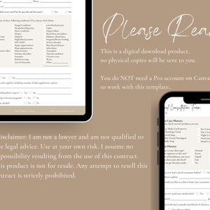 Peut inclure: Un mod&egrave;le de formulaire de consultation de peau t&eacute;l&eacute;chargeable num&eacute;riquement. Le formulaire comprend des sections pour les ant&eacute;c&eacute;dents m&eacute;dicaux, les ant&eacute;c&eacute;dents de soins de la peau et des questions sur le type de peau et les pr&eacute;occupations du client. Le texte "Veuillez lire" est affich&eacute; en gros caract&egrave;res en haut de la page. Le texte "Avertissement&nbsp;: je ne suis pas avocat et je ne suis pas qualifi&eacute; pour donner des conseils juridiques. Utilisez &agrave; vos risques et p&eacute;rils. Je d&eacute;cline toute responsabilit&eacute; d&eacute;coulant de l&rsquo;utilisation de ce contrat. Ce produit n&rsquo;est pas destin&eacute; &agrave; la revente. Toute tentative de revente de ce contrat est strictement interdite." est affich&eacute; en bas de la page.