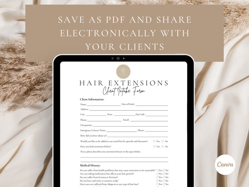 Puede incluir: Una tableta digital blanca y gris que muestra un formulario de admisi&oacute;n para clientes de extensiones de cabello. El formulario incluye secciones para la informaci&oacute;n del cliente, el historial m&eacute;dico y preguntas sobre las extensiones de cabello. El formulario se titula "Formulario de admisi&oacute;n para clientes de extensiones de cabello".