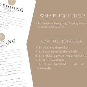 May include: A printable wedding contract template in a minimalist style with a floral design. The template includes sections for client information, wedding information, services, and collection price. The text "Wedding Contract" is at the top of the page.