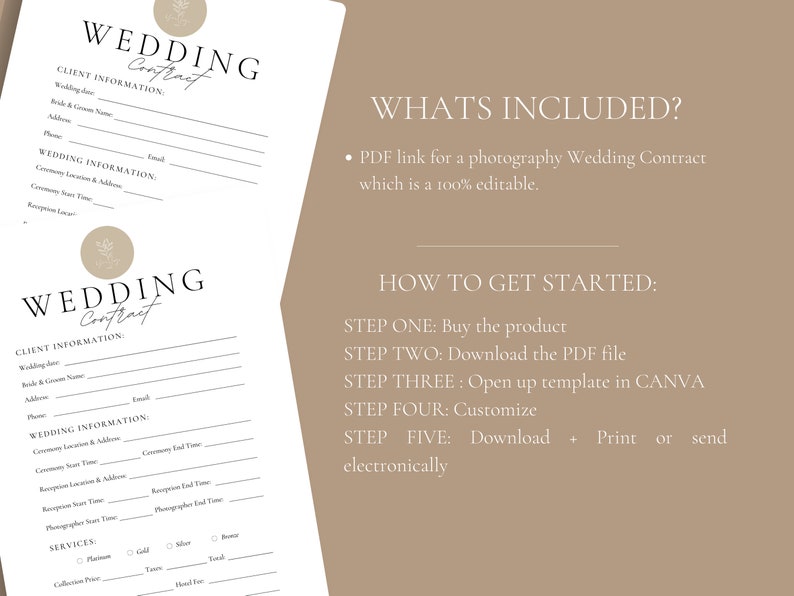 May include: A printable wedding contract template in a minimalist style with a floral design. The template includes sections for client information, wedding information, services, and collection price. The text "Wedding Contract" is at the top of the page.