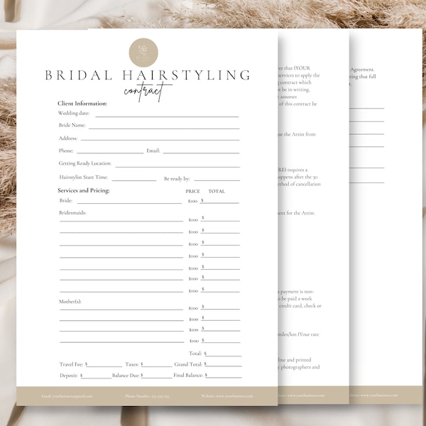 Bridal Hair Contract Template,Wedding Bridal Party Salon Services Agreement, Freelance Hairstylists,,Editable Bride Terms & Conditions,CANVA