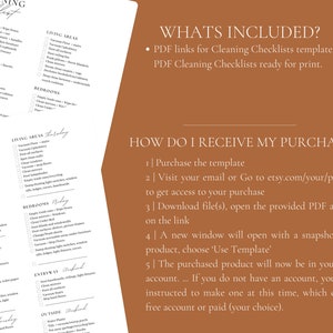 May include: A printable cleaning checklist template with a brown background. The checklist includes sections for kitchen, living areas, bathroom, bedrooms, entryway, and outside. The text "What's Included?" and "How Do I Receive My Purchase?" is also included.