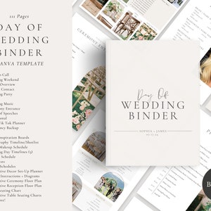 May include: A white wedding binder with the text "Day Of Wedding Binder" in a minimalist font. The binder is decorated with a floral archway and a couple standing under it. The text "Sophia James" and the date "07.17.24" are also included on the binder.