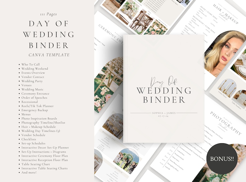 May include: A white wedding binder with the text "Day Of Wedding Binder" in a minimalist font. The binder is decorated with a floral archway and a couple standing under it. The text "Sophia James" and the date "07.17.24" are also included on the binder.