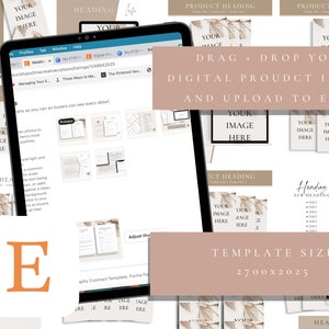 May include: A digital product mockup template with a beige background and a brown and white abstract design. The template is 2700 x 2025 pixels and includes the text "Drag + Drop Your Digital Product Images and Upload to Etsy".