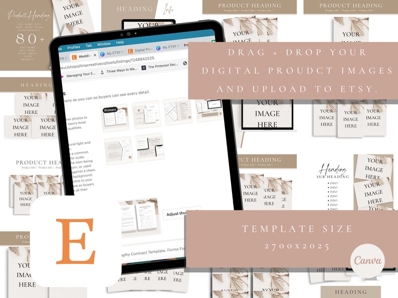 May include: A digital product mockup template with a beige background and a brown and white abstract design. The template is 2700 x 2025 pixels and includes the text "Drag + Drop Your Digital Product Images and Upload to Etsy".
