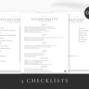May include: Three checklists for planning a bachelorette party. The first checklist is for the bachelorette, the second is for the party planner, and the third is for grocery items. Each checklist has a title and a list of items with checkboxes.