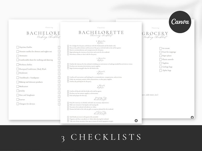 May include: Three checklists for planning a bachelorette party. The first checklist is for the bachelorette, the second is for the party planner, and the third is for grocery items. Each checklist has a title and a list of items with checkboxes.