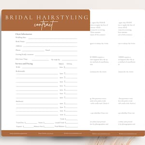 May include: A printable bridal hairstyling contract template with sections for client information, services and pricing, and payment details. The contract includes terms and conditions for both the client and the hairstylist.