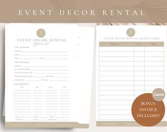 May include: A printable event decor rental agreement and order form with a minimalist design. The form includes sections for client information, event details, items being rented, and a total cost breakdown. The order form has columns for product, quantity, and price.