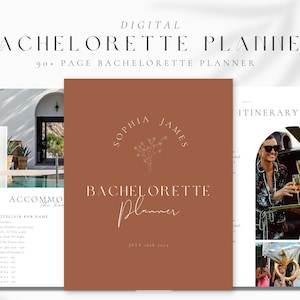 K&ouml;nnte beinhalten: Ein digitaler Junggesellinnenabschiedsplaner mit einem braunen und wei&szlig;en Farbschema. Das Cover zeigt ein florales Design und den Text "Sophia James Bachelorette Planner July 14th, 2023". Die Innenseiten enthalten Abschnitte f&uuml;r Unterkunft, Reiseplan und andere Planungsdetails.