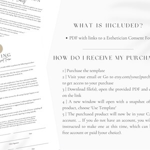 May include: A white and gray document with the text "WAXING Client Consent Form" and "WHAT IS INCLUDED?" and "HOW DO I RECEIVE MY PURCHASE?"  The document lists the steps to purchase a template and includes a list of what is included in the purchase.