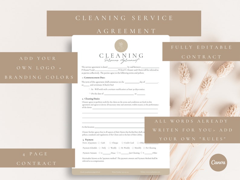 Editable Cleaning services agreement,Cleaning Contract,Cleaning services contract,Commercial,Residential cleaning agreements,CANVA image 5