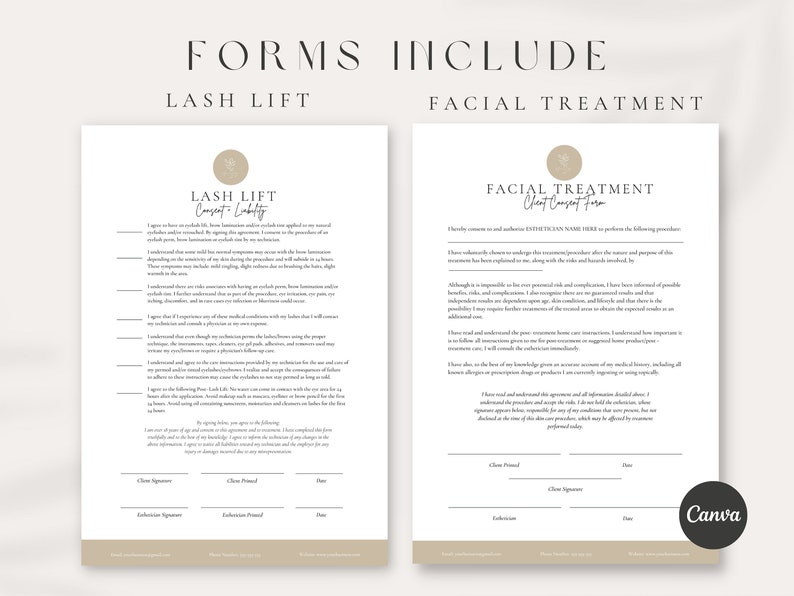 May include: Two printable forms for lash lift and facial treatment services. The forms include consent and liability waivers, client and esthetician signatures, and date fields.