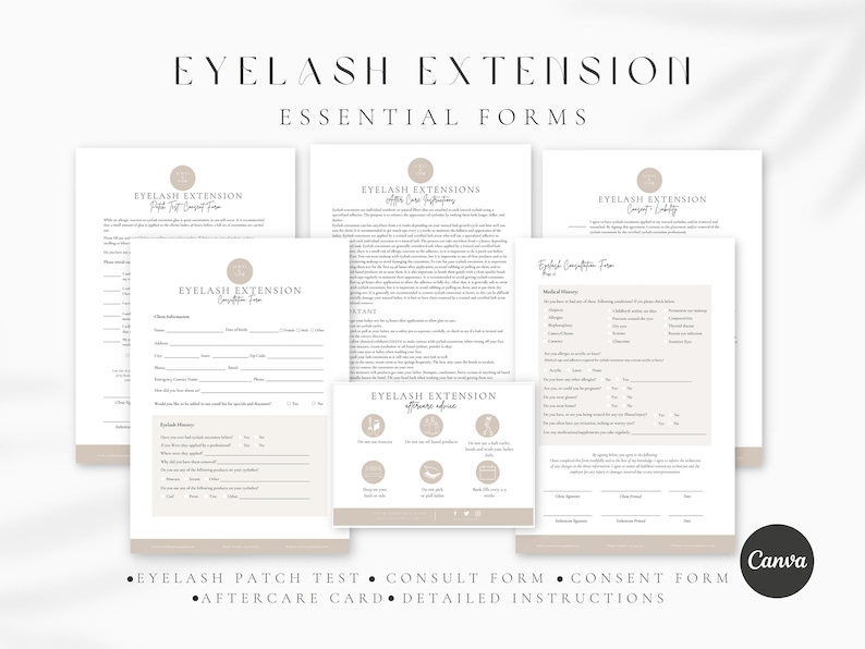 May include: A set of printable forms for eyelash extensions, including a consultation form, consent form, aftercare card, and detailed instructions. The forms are designed with a minimalist aesthetic and feature a neutral beige color scheme.