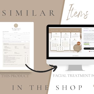 Puede incluir: Una pantalla de ordenador que muestra una lista de productos digitales para un conjunto de formularios de tratamiento facial editables. Los formularios est&aacute;n dise&ntilde;ados para esteticistas, salones de belleza y spas. La lista est&aacute; en Canva y cuesta CA$7.20. La imagen tambi&eacute;n muestra un producto similar, un formulario de consulta de depilaci&oacute;n, con el texto "Este Producto" debajo.