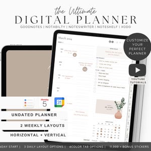 May include: A digital planner displayed on two tablet screens, featuring a March 2024 weekly layout with task lists, a calendar, and a vase graphic. Text includes "The Ultimate DIGITAL PLANNER," "CUSTOMIZE YOUR PERFECT PLANNER," and "YOUTUBE TUTORIALS."