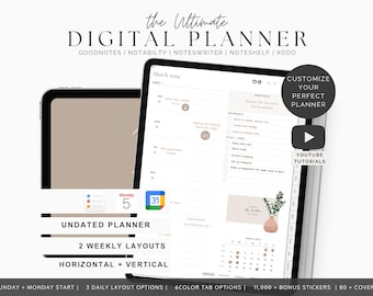 May include: A digital planner displayed on two tablet screens, featuring a March 2024 weekly layout with task lists, a calendar, and a vase graphic. Text includes "The Ultimate DIGITAL PLANNER," "CUSTOMIZE YOUR PERFECT PLANNER," and "YOUTUBE TUTORIALS."