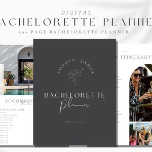 May include: A digital planner for a bachelorette party with a gray cover featuring the names "Sophia James" and the text "Bachelorette Planner" with a floral design. The planner includes a section for accommodation, itinerary, and other details.