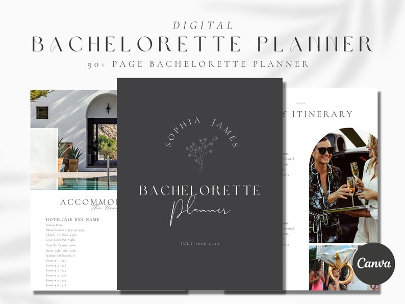 May include: A digital planner for a bachelorette party with a gray cover featuring the names "Sophia James" and the text "Bachelorette Planner" with a floral design. The planner includes a section for accommodation, itinerary, and other details.
