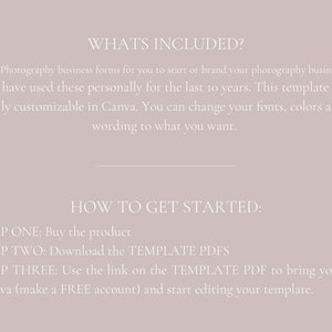 Pode incluir: Um gr&aacute;fico de texto com o t&iacute;tulo "What's Included?" e uma descri&ccedil;&atilde;o de 8 formul&aacute;rios comerciais de fotografia que s&atilde;o totalmente personaliz&aacute;veis no Canva. O gr&aacute;fico tamb&eacute;m inclui instru&ccedil;&otilde;es sobre como come&ccedil;ar a usar o produto, incluindo a compra do produto, o download dos PDFs do modelo e o uso do link no PDF do modelo para lev&aacute;-lo ao Canva.