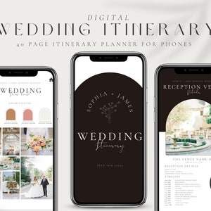 Puede incluir: Un planificador de itinerario de boda digital para teléfonos. La aplicación presenta un esquema de color blanco y negro con un diseño floral. La aplicación incluye una paleta de colores, detalles del lugar de la recepción y una línea de tiempo.