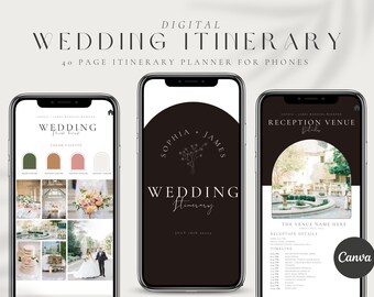 Digitales Hochzeitsprogramm, schwarze Hochzeitsplaner-Vorlage, iPhone, Android-Hochzeitswochenende, bearbeitbare Vorlage Download, CANVA