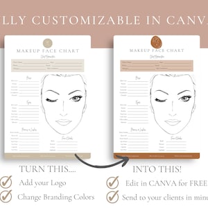May include: A digital template for a makeup face chart. The template features a line drawing of a woman's face with sections for listing makeup products and colors. The text "MAKEUP FACE CHART" is at the top of the template. The template is customizable in Canva.