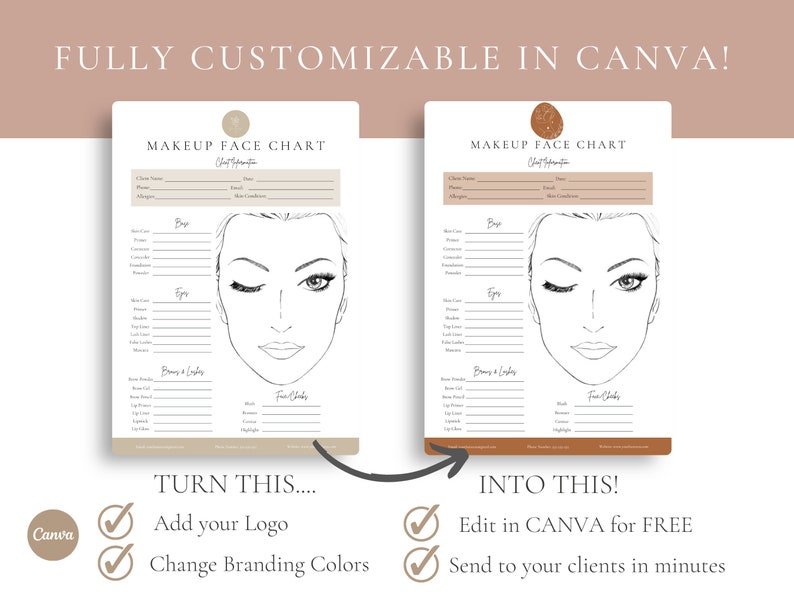 May include: A digital template for a makeup face chart. The template features a line drawing of a woman's face with sections for listing makeup products and colors. The text "MAKEUP FACE CHART" is at the top of the template. The template is customizable in Canva.