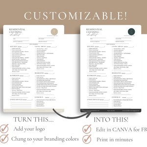 May include: A customizable cleaning checklist template with a modern design. The checklist includes sections for kitchen, living areas, bedrooms, bathrooms, and other services. The template is designed to be edited in Canva and printed in minutes.