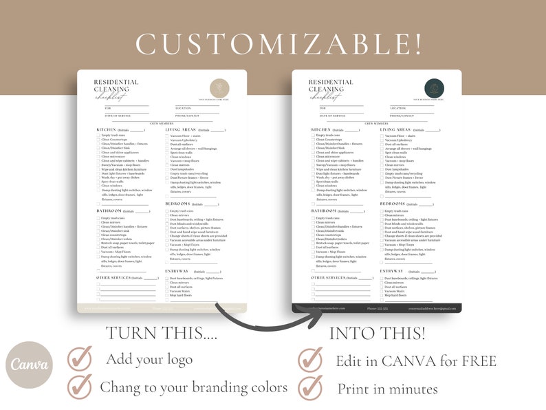 May include: A customizable cleaning checklist template with a modern design. The checklist includes sections for kitchen, living areas, bedrooms, bathrooms, and other services. The template is designed to be edited in Canva and printed in minutes.