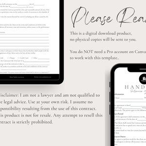 Puede incluir: Una plantilla de contrato de servicios de manitas para descargar digitalmente. La plantilla es un documento imprimible que se puede utilizar para crear un contrato legalmente vinculante entre un manitas y un cliente. La plantilla incluye secciones para los detalles del contrato, las condiciones de pago y las tareas del contratista. El texto en la pantalla dice "Por favor, lea" y "Este es un producto de descarga digital, no se enviar&aacute;n copias f&iacute;sicas. No necesita una cuenta Pro en Canva para trabajar con esta plantilla."