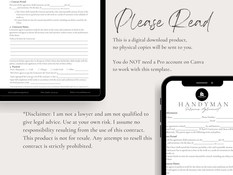 Puede incluir: Una plantilla de contrato de servicios de manitas para descargar digitalmente. La plantilla es un documento imprimible que se puede utilizar para crear un contrato legalmente vinculante entre un manitas y un cliente. La plantilla incluye secciones para los detalles del contrato, las condiciones de pago y las tareas del contratista. El texto en la pantalla dice "Por favor, lea" y "Este es un producto de descarga digital, no se enviar&aacute;n copias f&iacute;sicas. No necesita una cuenta Pro en Canva para trabajar con esta plantilla."