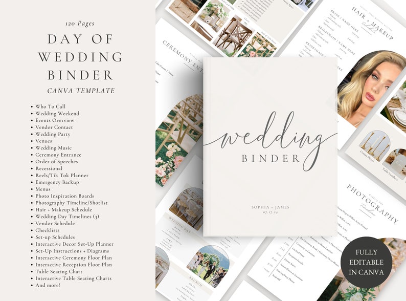 The Ultimate 120 Page Wedding Day Binder Template, Wedding Day Coordination, Wedding Day Information,Wedding Itinerary,Wedding Planner,Canva image 2