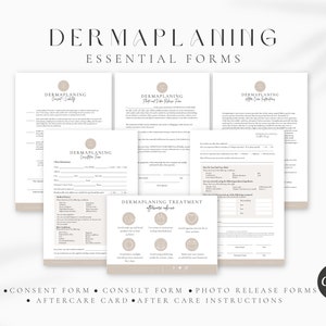May include: A set of printable forms for dermaplaning treatments. The forms include a consent form, consult form, photo release form, aftercare card, and aftercare instructions. The forms are designed in a minimalist style with a beige background and black text.
