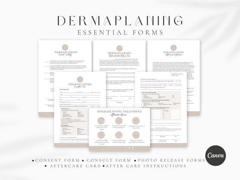 May include: A set of printable forms for dermaplaning treatments. The forms include a consent form, consult form, photo release form, aftercare card, and aftercare instructions. The forms are designed in a minimalist style with a beige background and black text.