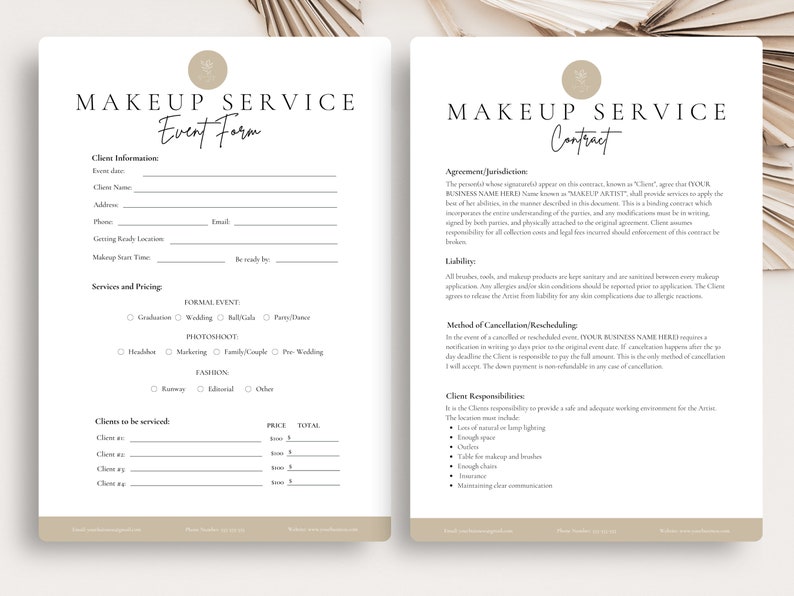 Op de afbeelding: Een zwart-witte, afdrukbare make-up serviceovereenkomst en evenementformulier. Het contract bevat secties voor overeenkomst, rechtsgebied, aansprakelijkheid, annuleringsmethode en verantwoordelijkheden van de klant. Het evenementformulier bevat secties voor klantgegevens, diensten en prijzen, en klanten die bediend moeten worden.
