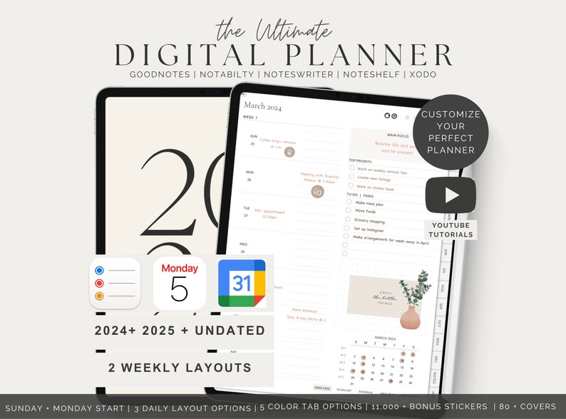 2024 2025 en ongedateerde digitale planner, GoodNotes Planner, Dagelijkse Planner, Weekplanner, Notability Planner, iPad Planner, Apple Google Planner, Plan afbeelding 1