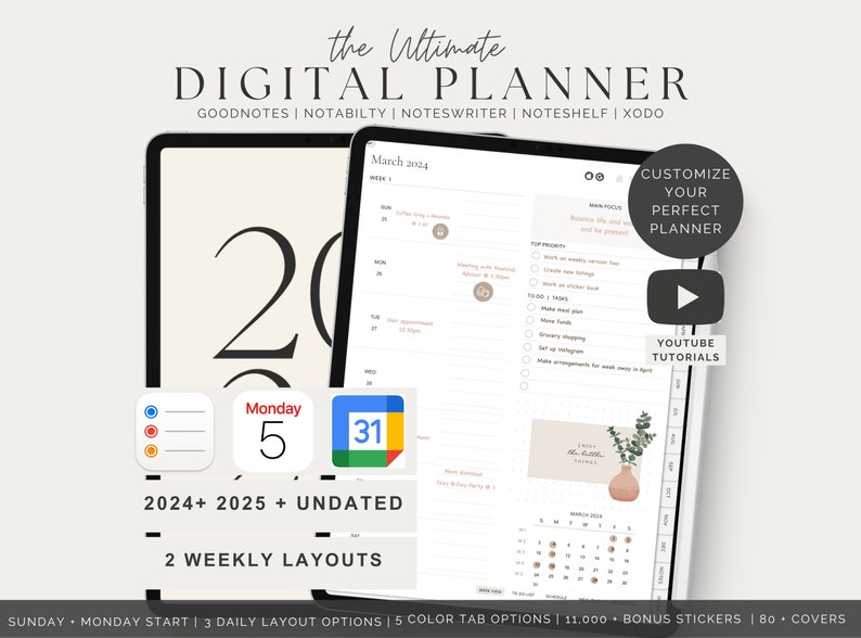 2024 2025 & Undatierter Digitaler Planer,GoodNotes Planer,Tagesplaner,Wochenplaner,Notability Planer,iPad Kalender,Apple Google Planer,Plan Bild 1